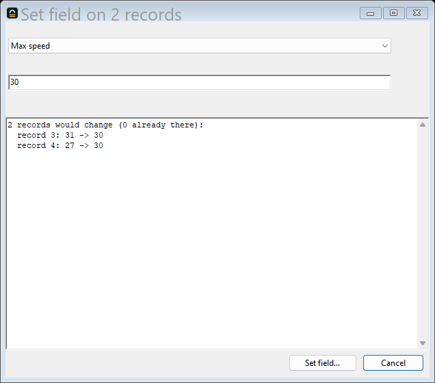 The Set field dialog opened from a Check finding: a field combo, a value box, and a Now/After preview for every flagged record.