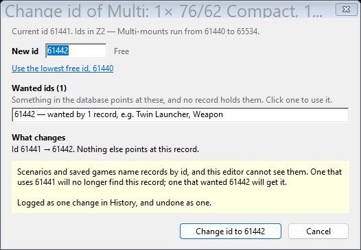 The Change id dialog on a multi-mount: the new id box already holding the id a mount is asking for, marked Free, the wanted id listed with the mount that names it, and the warning about scenarios and saved games.