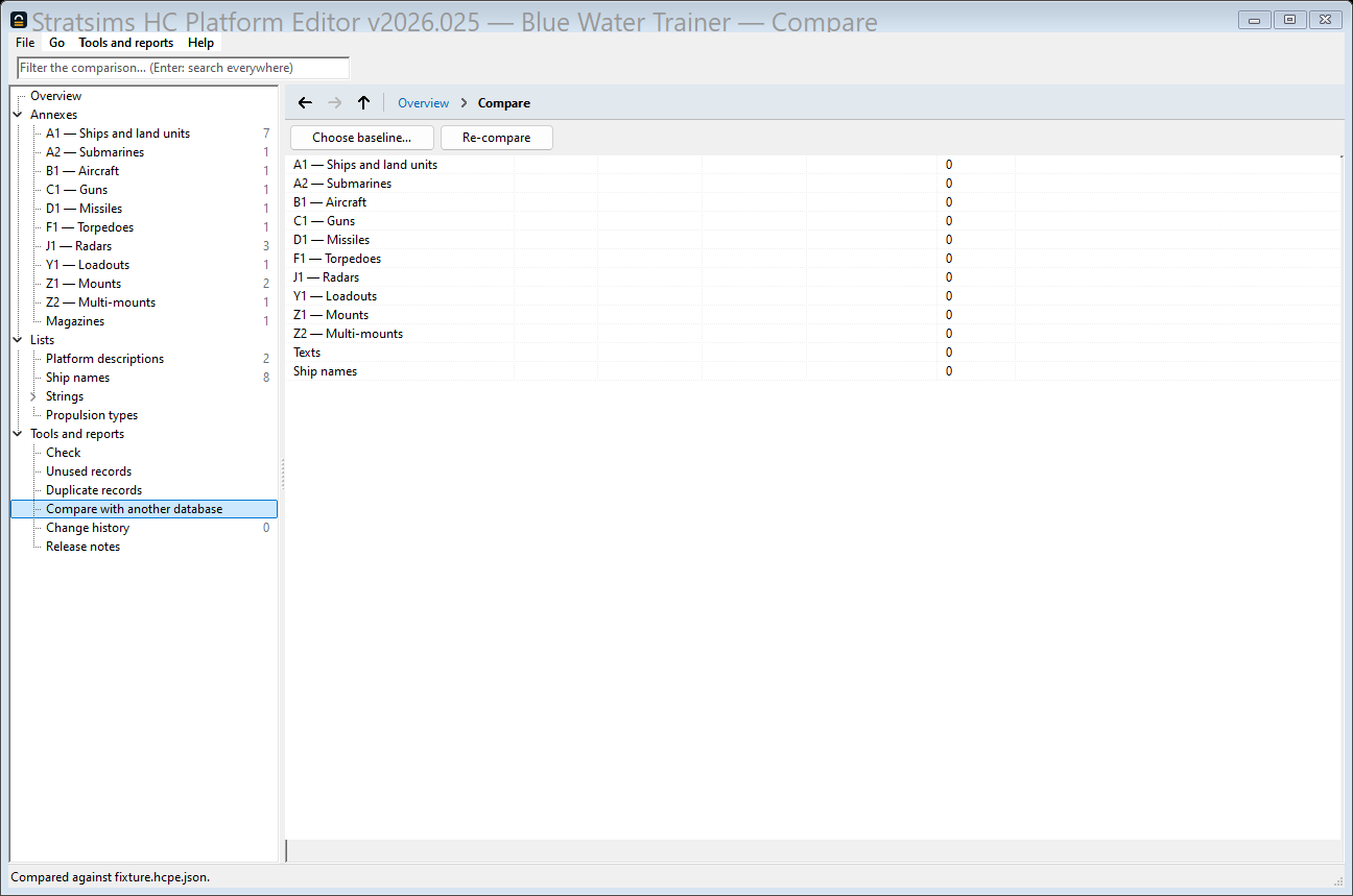 The Compare screen after choosing a baseline: a per-annex summary of added, removed, changed and renumbered records.