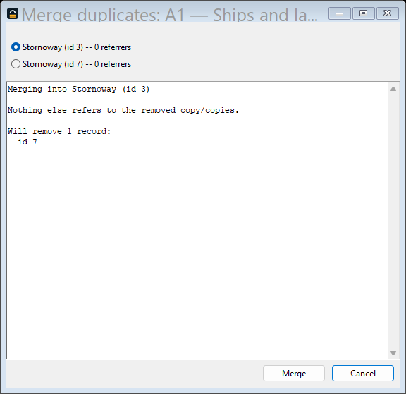 The guided-merge confirm dialog: pick the survivor, see the referrers and what would be removed.