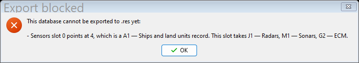 The Export blocked dialog, listing a finding that would stop the game loading the exported file.
