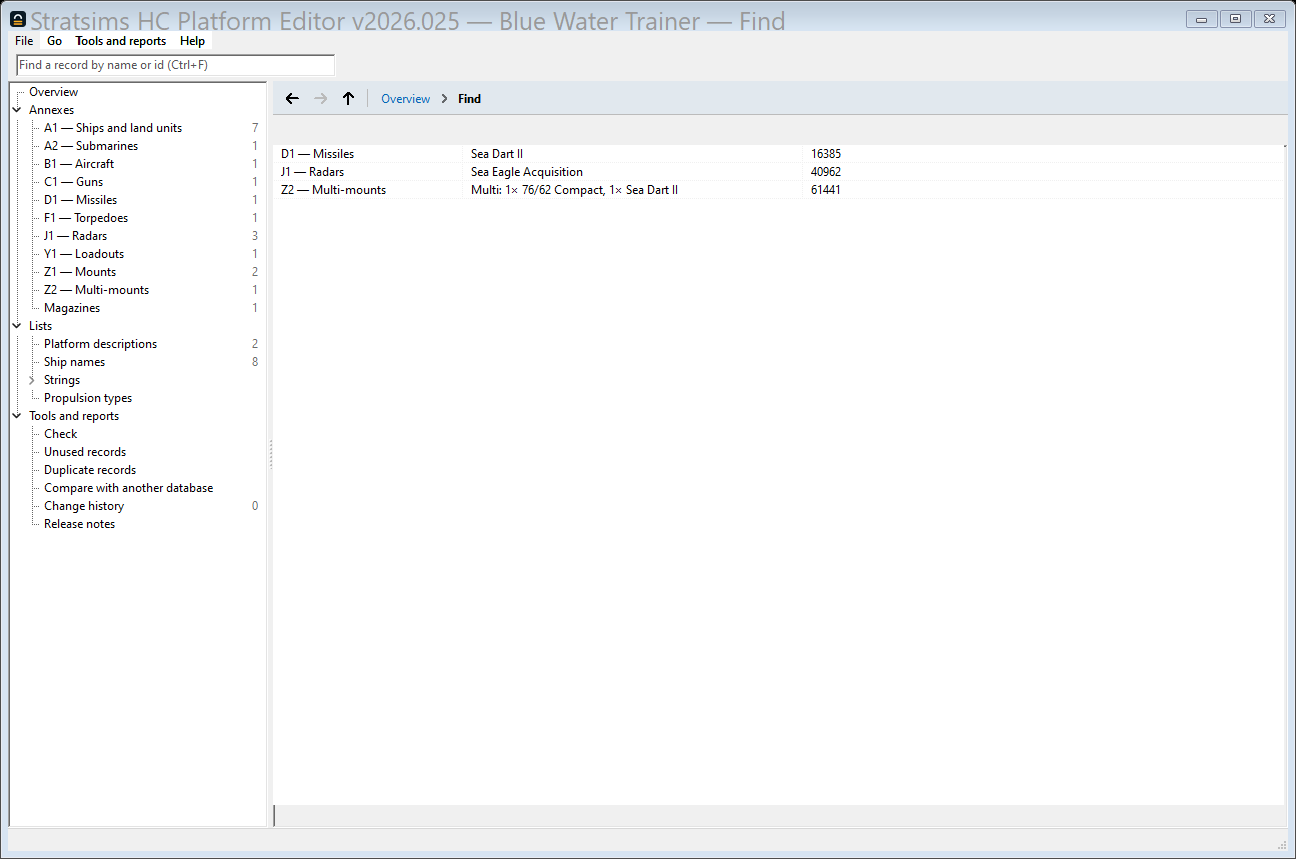 A Find results screen for the query Sea, with three hits grouped by annex: a missile, a radar, and a multi-mount that carries a weapon with a matching name.