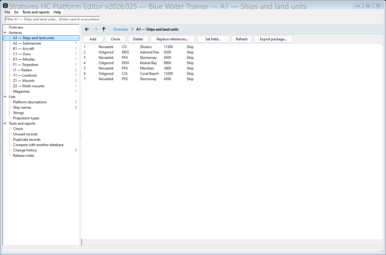 The editor showing the surface-ship annex: a table of classes with
            their type, country and displacement, and a toolbar above it.