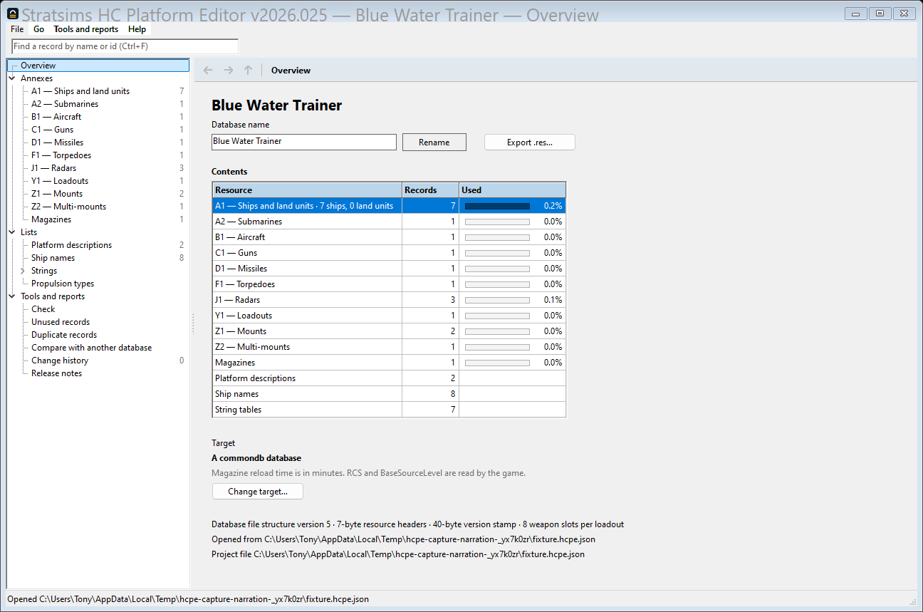 The database overview screen, listing all 16 annexes with their record counts and how full each id window is.