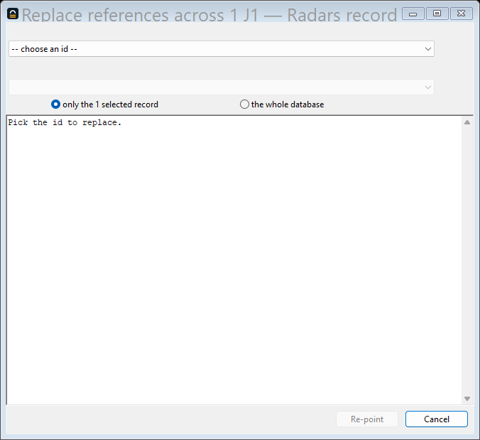 The Replace references dialog: one ship's sensor reference being pointed from one radar to another, with the referring record listed.