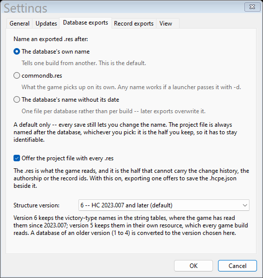The Settings dialog's Database exports tab, with the file-name choice, the project-file option and the structure version.