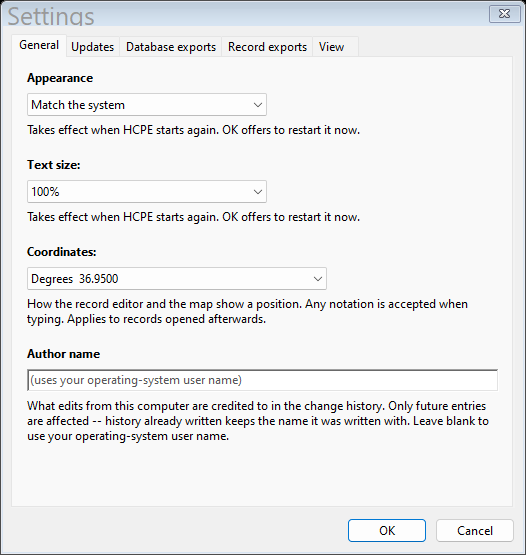 The Settings dialog's General tab, showing the Appearance and Author name choices.