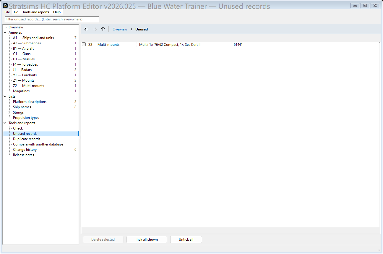 The Unused screen, listing one Z2 multi-mount that no mount points at.